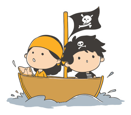 Adorable flat vector illustration featuring two cute kids sailing a boat with a pirate flag. Perfect for designs related to adventure, fun, and childhood themes.のイラスト素材