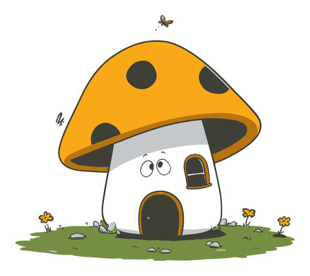 A charming cartoon illustration of a mushroom house with a playful design. The bright orange cap features polka dots, and a friendly bee adds a whimsical touch, perfect for children's themes.のイラスト素材