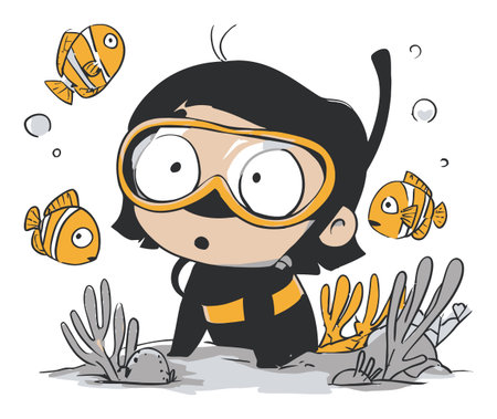 A fun flat vector illustration of a curious child exploring underwater life. The child is surrounded by colorful fish and coral, creating an adventurous atmosphere.のイラスト素材