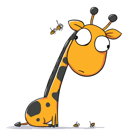 Charming flat vector illustration of a cute giraffe seated in a whimsical pose, with buzzing bees nearby. Perfect for fun projects or children's themes.のイラスト素材
