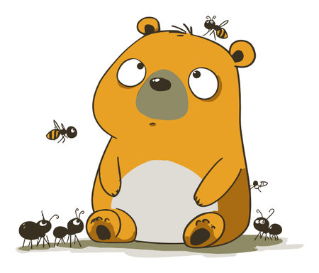 Adorable cartoon bear sits surrounded by curious ants and bees. This playful illustration captures a whimsical moment in a friendly and cheerful style, perfect for children's content.のイラスト素材