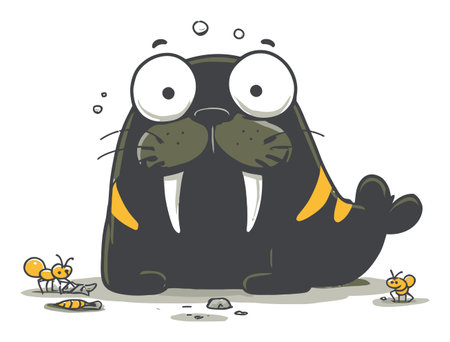 This playful and whimsical illustration features a cute cartoon seal with exaggerated facial features. Surrounded by bees and food, it brings joy and fun to any project.のイラスト素材