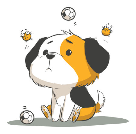 Adorable cartoon dog sitting and juggling soccer balls with playful insects. This whimsical flat vector illustration is perfect for childrens themes and pet lovers.のイラスト素材