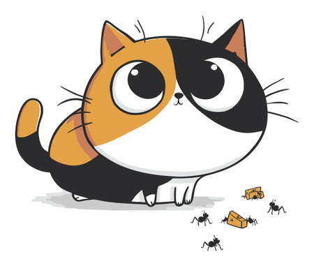 Adorable flat vector illustration of a calico cat with large eyes, curiously looking at ants and cheese, perfect for children's themes and playful designs.のイラスト素材