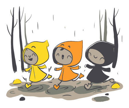 Three cheerful children in colorful raincoats joyfully splash through puddles on a rainy day. The playful scene captures happiness and innocence in nature.のイラスト素材