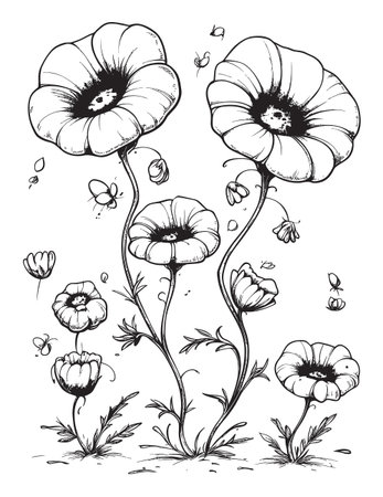 A charming hand-drawn vector illustration of poppies, showcasing their beauty along with delicate insects. Perfect for nature-inspired designs.のイラスト素材