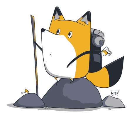 A charming illustration of a fox character in a playful pose on a rock. Perfect for themes of adventure, nature, and exploration, with vibrant colors and whimsical design.のイラスト素材