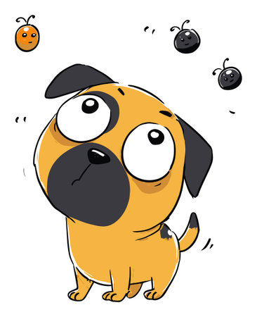 This illustration features an adorable cartoon dog with big eyes gazing curiously at floating insects above. The vibrant colors and playful design make it perfect for children's themes.のイラスト素材