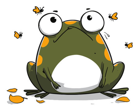 Adorable cartoon frog character sitting with butterflies and leaves, showcasing playful expression in vibrant vector style. Perfect for nature-themed projects.のイラスト素材
