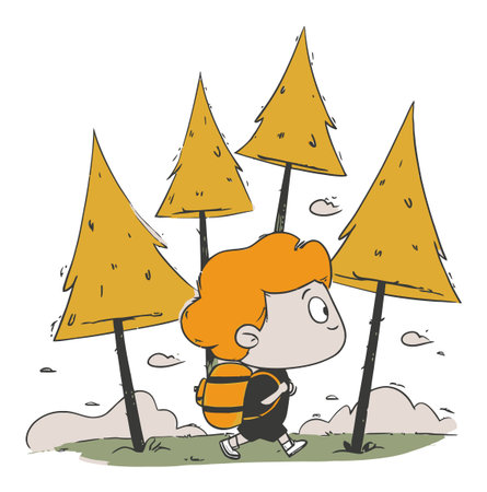 A playful cartoon illustration featuring a young boy hiking through a whimsical forest of tall yellow trees. Ideal for nature and adventure themes.のイラスト素材