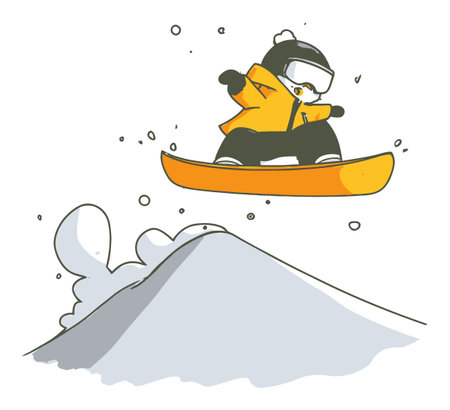 Adorable cartoon panda showcasing snowboarding skills on a snowy slope, perfect for winter sports themes, kids' graphics, and playful designs.のイラスト素材