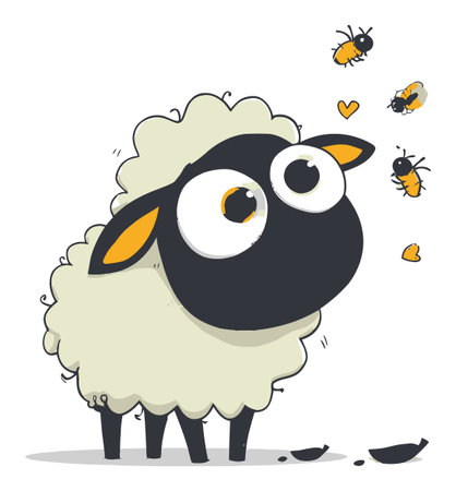 Adorable cartoon sheep character surrounded by buzzing bees and floating hearts. Perfect for playful designs in children's art or educational materials.のイラスト素材
