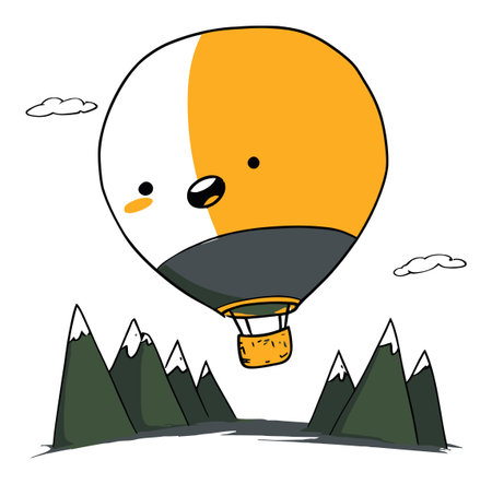 A whimsical flat design illustration featuring a cute hot air balloon soaring above playful mountain peaks, perfect for travel themes and childrens artwork.のイラスト素材