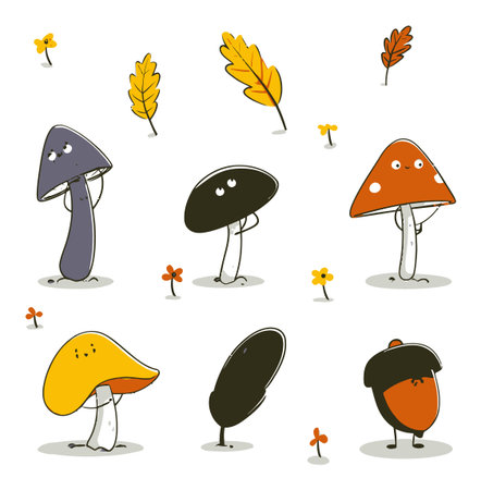 Explore this charming flat vector illustration featuring adorable mushrooms and leaves in vibrant colors. Perfect for seasonal projects or nature themes.のイラスト素材