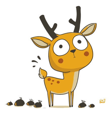 This playful cartoon deer character in a vibrant vector style stands out surrounded by adorable smaller animals. Perfect for children's illustrations or playful designs.のイラスト素材
