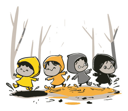 Cheerful children in colorful raincoats joyfully jump in puddles during a rainy day. This playful illustration captures the essence of childhood fun in a whimsical vector style.のイラスト素材