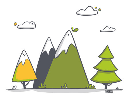 A charming vector illustration showcasing colorful mountains, trees, and clouds. Ideal for design projects focusing on nature, tranquility, and playful aesthetics.のイラスト素材
