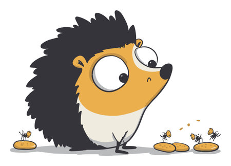 Adorable hedgehog character interacts with cartoon ants and cookies. Perfect for children's themes, this simple vector illustration brings a whimsical touch to any design project.のイラスト素材
