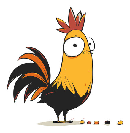 Eye-catching cartoon rooster character with vibrant colors and a whimsical expression. Perfect for children's illustrations, farm themes, or playful designs.のイラスト素材