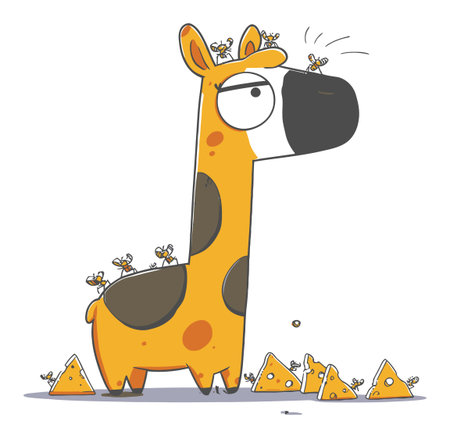 Whimsical cartoon giraffe with bees on its head playfully engaging with cheese triangles. Perfect for light-hearted designs and children's themes.のイラスト素材