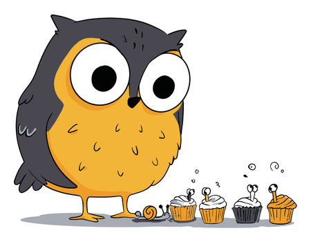 This charming vector illustration features a cartoon owl observing colorful cupcakes and a snail. Perfect for children's themes and playful designs.のイラスト素材