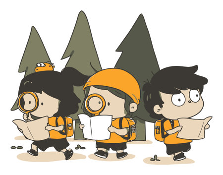 Three playful children explore a forest, engaged with maps and magnifying glasses. The flat vector design captures the spirit of adventure and curiosity in nature.のイラスト素材