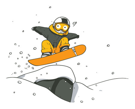 A vibrant cartoon illustration of a young character snowboarding mid-air, showcasing an energetic jump against a snowy backdrop. Perfect for winter sports themes.のイラスト素材
