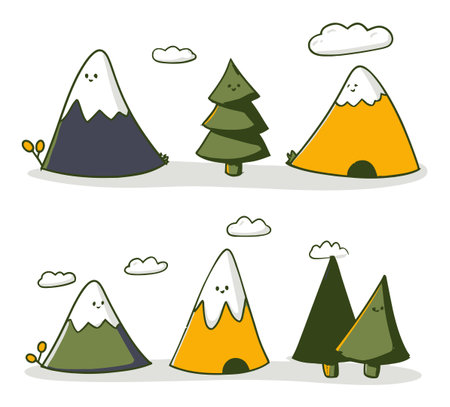 Charming flat vector design featuring playful mountains and trees with smiling faces, perfect for nature-themed projects, kids illustrations, or cheerful designs.のイラスト素材