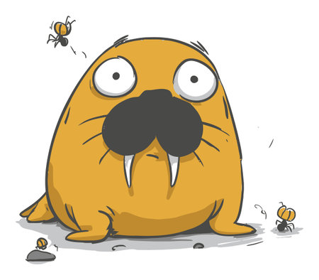 This humorous cartoon-style illustration features a walrus with a mustache surrounded by buzzing bees and flies. Perfect for playful designs!のイラスト素材