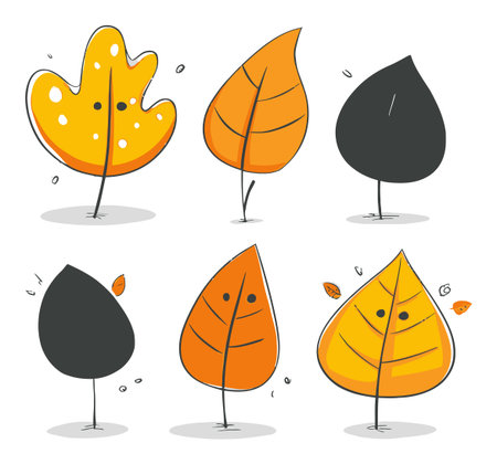Charming flat vector illustration showcasing a variety of colorful leaves with playful expressions, perfect for autumn-themed designs and cheerful visuals.のイラスト素材
