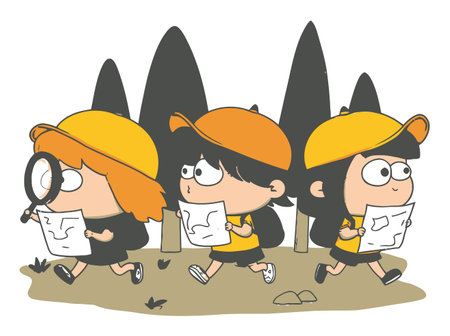 Three cheerful children in orange hats explore a forest, equipped with maps and a magnifying glass. Perfect for educational and adventure themes.のイラスト素材