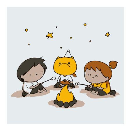 A warm and whimsical illustration featuring children gathered around a campfire, enjoying roasting marshmallows with a cute bear character, set against a starry night.のイラスト素材