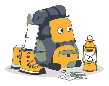 A charming vector illustration featuring a cute backpack alongside camping gear. Ideal for themes of adventure and outdoor exploration, this artwork captures the spirit of youthfulness and wanderlust.のイラスト素材