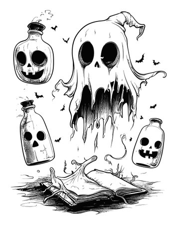 This detailed black and white illustration features a ghostly apparition emerging above a haunted book and potion bottles. Perfect for Halloween-themed projects!のイラスト素材