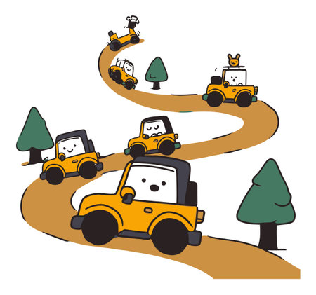 Whimsical illustration of cartoon cars navigating a winding road among playful trees. Perfect for themes of adventure, travel, and fun in nature.のイラスト素材