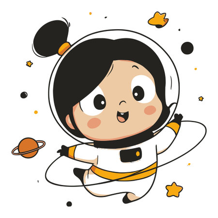 Delightful illustration of a cute kid astronaut floating in space, surrounded by stars and planets. Perfect for children's educational content or playful designs.のイラスト素材
