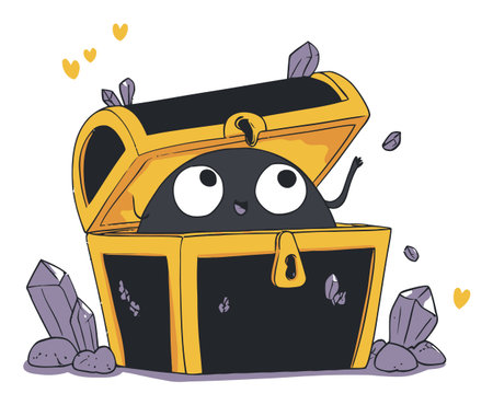Adorable cartoon character emerging from a treasure chest adorned with gems. This colorful illustration exudes joy and creativity, perfect for playful designs.のイラスト素材