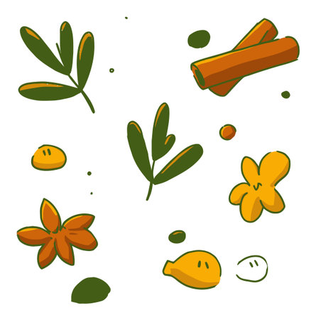 A colorful flat vector illustration showcasing various spices, herbs, and flowers. Ideal for culinary-themed projects and decorative designs.のイラスト素材