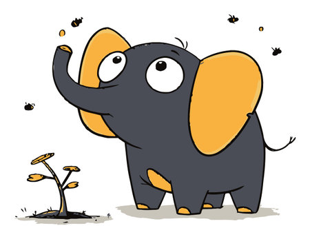 A playful cartoon elephant with large ears interacts with buzzing bees and flowers, perfect for children's themes, nature illustrations, and fun designs.のイラスト素材
