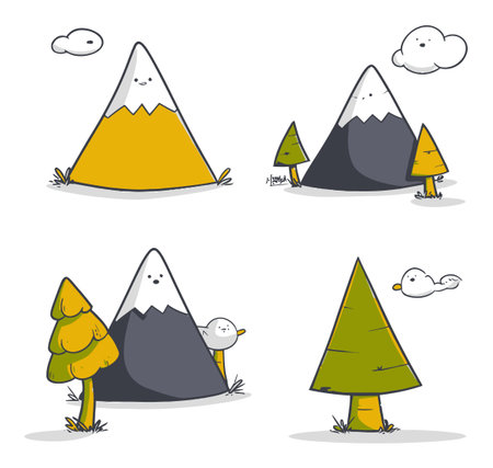 Adorable flat vector illustrations featuring mountains, trees, and clouds. These playful designs create a vibrant and cheerful atmosphere suitable for various projects.のイラスト素材