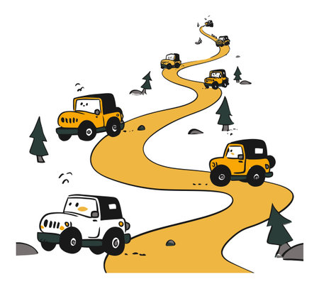 A vibrant flat vector illustration depicting cartoon cars on a winding road surrounded by trees and rocks, ideal for travel and adventure themes.のイラスト素材