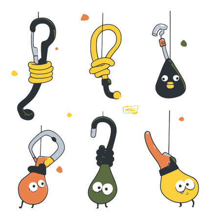 Delightful illustrations of colorful cartoon hooks and clamps, perfect for playful designs and creative projects. Ideal for graphics in various themes.のイラスト素材