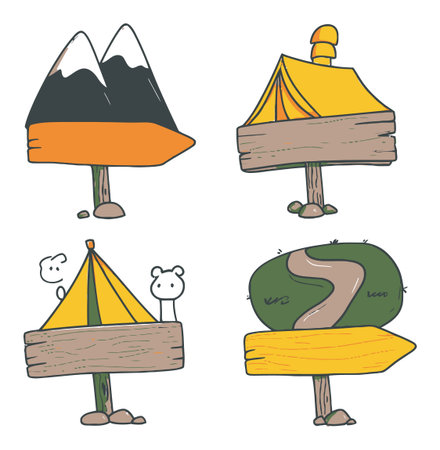 A set of playful cartoon signpost illustrations featuring mountains, a tent, and a whimsical animal character. Perfect for travel, adventure, and outdoor design themes.のイラスト素材