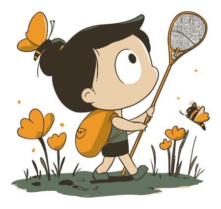 A playful cartoon of a young girl exploring nature, catching butterflies with a net. Surrounded by vibrant flowers and buzzing insects, this illustration captures the joy of childhood adventures.のイラスト素材