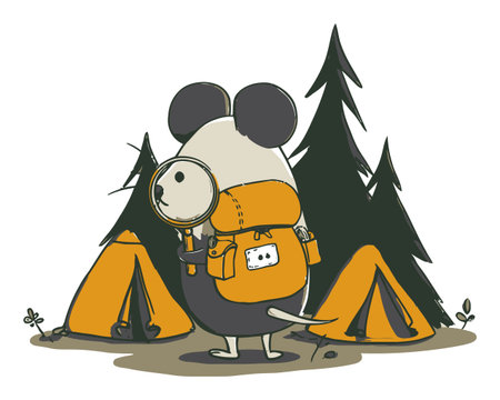 This charming cartoon mouse character, equipped with a backpack and magnifying glass, explores a vibrant outdoor camping scene with tents and trees.のイラスト素材