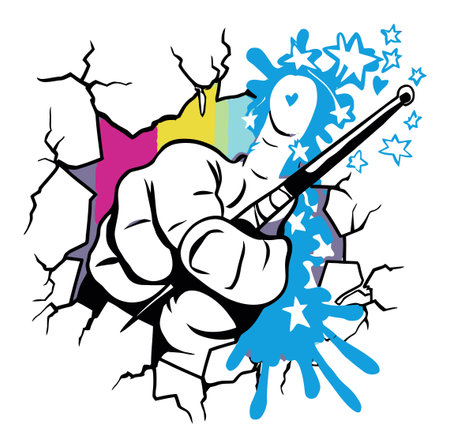 This vibrant graffiti illustration features a hand breaking through a wall, highlighting a paintbrush and colorful splashes. Perfect for art and street culture themes.のイラスト素材