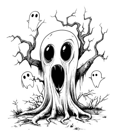 A haunting illustration featuring a spooky ghostly tree with a gaping mouth and large eyes, surrounded by playful spirits. Ideal for Halloween themes and eerie designs.のイラスト素材