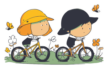 Two charming children ride bicycles in a vibrant meadow filled with flowers and butterflies. The playful scene captures joy and adventure under a sunny sky.のイラスト素材