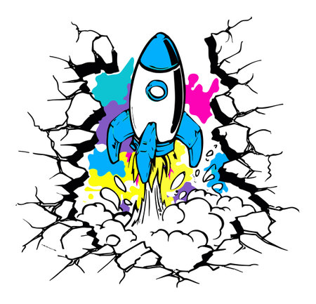 This dynamic illustration features a vibrant rocket launching through a cracked wall, surrounded by splashes of color. Perfect for conveying themes of adventure and innovation.のイラスト素材