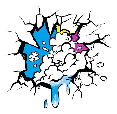 Eye-catching graffiti illustration of a wall crack featuring colorful clouds and water droplets, perfect for modern art or urban decor themes.のイラスト素材